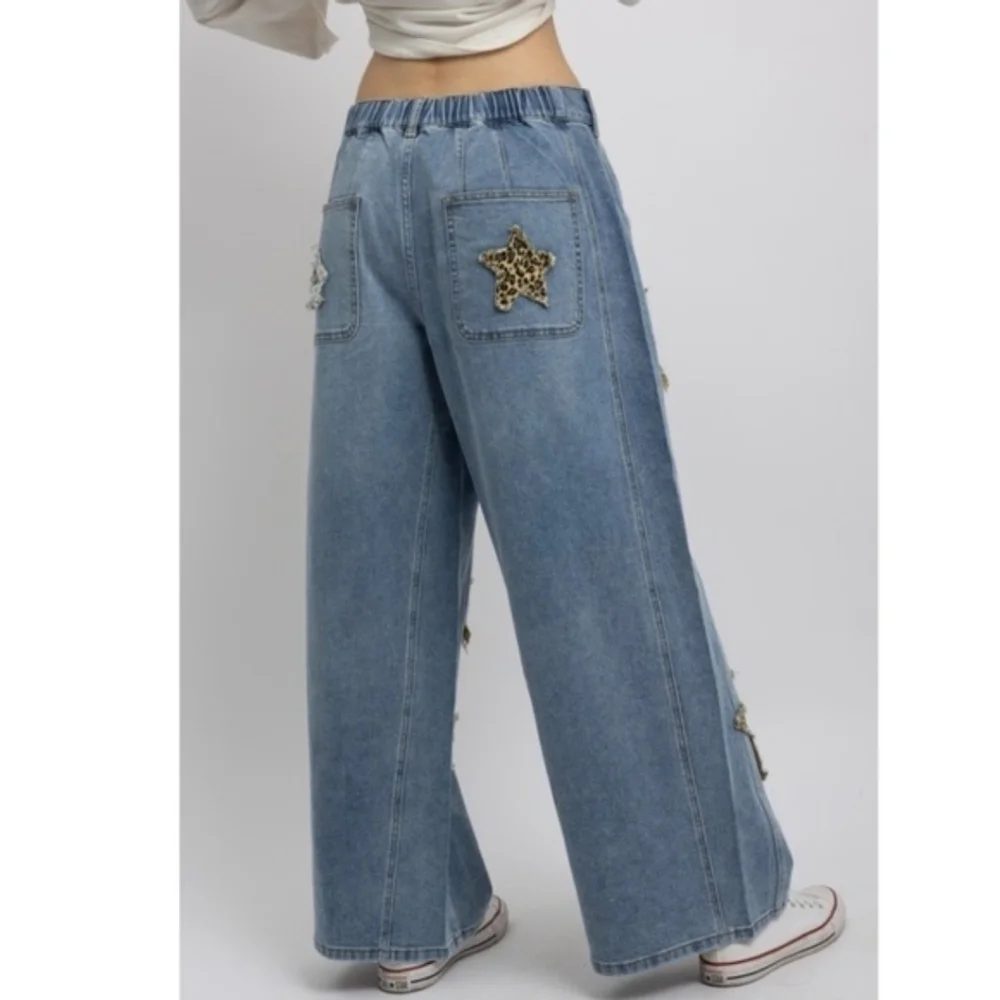 Blue Velvet Leopard Star Patch Wide-Leg Jeans